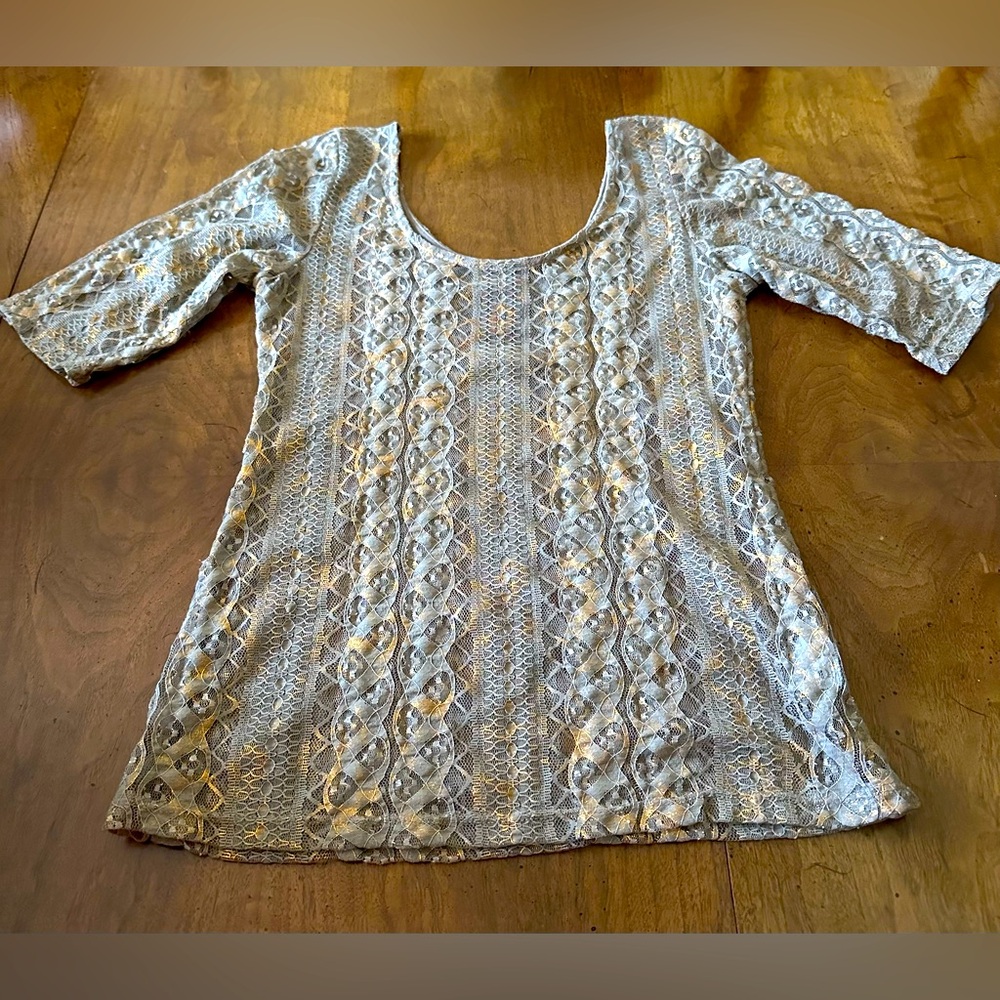 Ladies short sleeve lace top. Beautiful taupe and bronze delicate shirt.